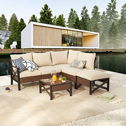 Festival Depot 6 Pieces Patio Conversation Set Outdoor Furniture Sectional Corner Sofa with All-Weather Brown Wicker Back Chair, Coffee Table, Ottoman and Thick Soft Removable Couch Cushions 