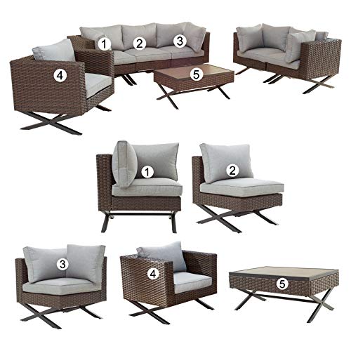 Festival Depot 7pcs Outdoor Furniture Patio Conversation Set Sectional Corner Sofa Chairs with X Shaped Metal Leg All Weather Brown Rattan Wicker Rectangle Coffee Table with Grey Seat Back Cushions