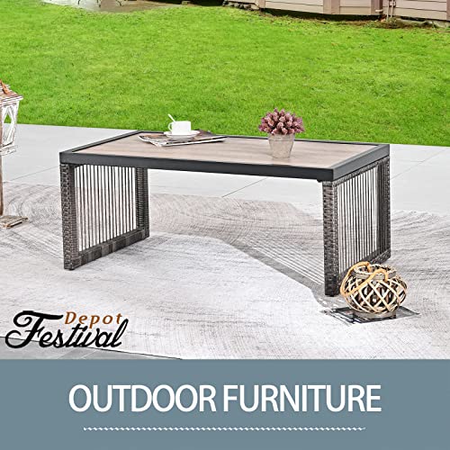 Festival Depot Wicker Patio Coffee Table All-Weather Metal Square Dining Table Waterproof Outdoor Sectional Furniture with DPC Desktop for Bistro Balcony Garden Pool Lawn Backyard