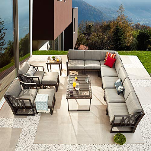 Festival Depot 13Pc Outdoor Furniture Patio Conversation Set Sectional Corner Sofa Chairs All Weather Wicker Ottoman Metal Frame Slatted Coffee Table with Thick Grey Seat Back Cushions Without Pillows 