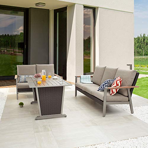 Festival Depot 3pcs Patio Conversation Set Metal Armchair Wicker Loveseat All Weather 3-Seater Rattan Sofa with Thick Cushions Dining Table Outdoor Furniture for Deck Poolside 