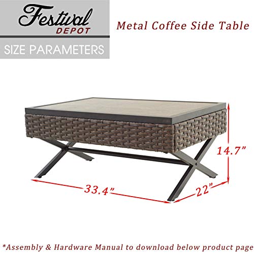 Festival Depot Patio Table Rattan Coffee Table with Aluminum Tabletop and X Shaped Leg All Weather Outdoor Wicker Furniture for Backyard Porch Garden