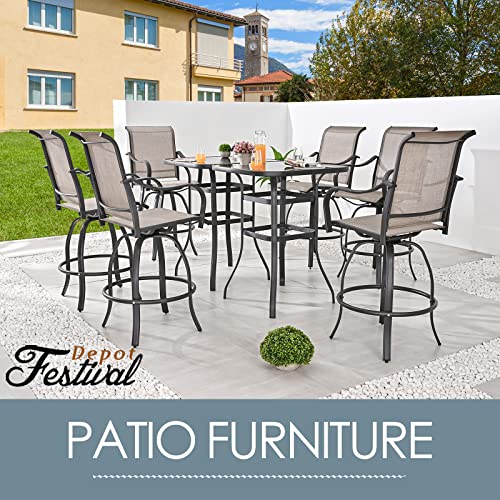 Festival Depot 8 Pcs Patio Dining Set Bar Height Stools Swivel Bistro Chairs with Armrest and Tempered Glass Top Table Metal Outdoor Furniture for Yard (6 Chairs,2 Table) (Taupe)