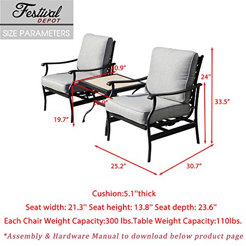 3-Piece Patio Bistro Set Metal Dining Chairs with Thick Cushions and Ceramic Top Side Table (Grey)