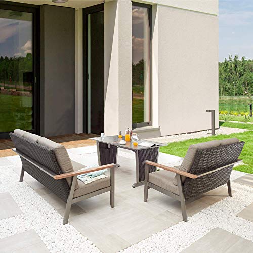 Festival Depot 3pcs Patio Conversation Set Metal Armchair Wicker Loveseat All Weather 3-Seater Rattan Sofa with Thick Cushions Dining Table Outdoor Furniture for Deck Poolside 