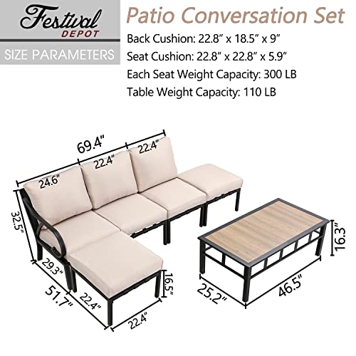 Festival Depot 6 Pcs Patio Conversation Set Sectional Corner Chair with Cushions Ottoman and Coffee Table All Weather Metal Outdoor Furniture for Deck Poolside, Beige 