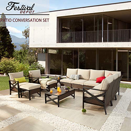 Festival Depot 13 Pcs Patio Outdoor Furniture Conversation Set Sectional Corner Sofa with All-Weather Brown PE Rattan Wicker Back Chair, Ottoman, Coffee Table and Thick Removable Couch Cushions