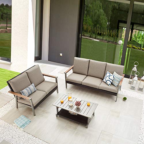 Festival Depot 3pcs Patio Conversation Set Wicker Armchair All Weather Rattan Loveseat 3-Seater Sofa with Grey Thick Cushions and Coffee Table in Metal Frame Outdoor Furniture for Deck Poolside 