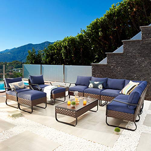 Festival Depot 12 Pcs Patio Conversation Sets Outdoor Furniture Sectional Corner Sofa with All-Weather PE Rattan Wicker Chair, Coffee Table and Thick Soft Removable Couch Cushions (Blue) 