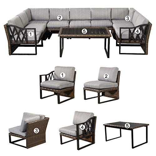 Festival Depot 10Pc Outdoor Furniture Patio Conversation Set Sectional Corner Sofa Chairs All Weather Wicker Metal Frame Slatted Coffee Table with Thick Grey Seat Back Cushions Without Pillows 