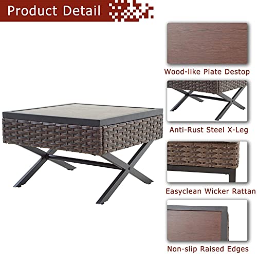 Festival Depot Patio Side Coffee Table Outdoor Bistro Dining Furniture with Wood Grain Tabletop, Wicker Rattan and X Shaped Slatted Steel Legs (Brown)