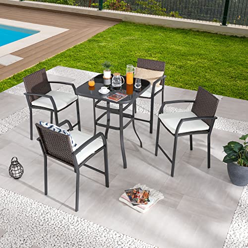 Festival Depot 5 Pcs Patio Bar Set of 4 Wicker Stools with Cushions Rattan High Stools with Armrests and Tempered Glass Top Counter Table in Metal Frame Outdoor Furniture for Bistro Garden