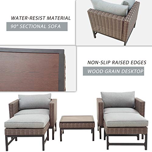 Festival Depot 5 Pieces Patio Outdoor Conversation Wicker Chairs Lounge Chaise Cushions Ottomans Set with Coffee Square Table Metal Frame Furniture Garden Bistro Seating Thick Soft Cushion (Gray) 