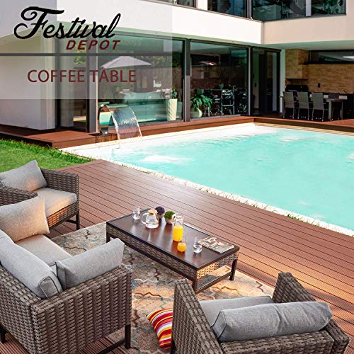 Festival Depot Patio Table Rattan Woven Wicker Coffee Table with Aluminum Tabletop and U Shaped Leg All Weather Outdoor Furniture for Backyard Porch Garden