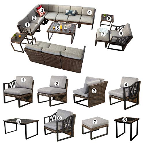 Festival Depot 15Pc Outdoor Furniture Patio Conversation Set Sectional Corner Sofa Chairs All Weather Wicker Ottoman Metal Frame Slatted Coffee Table with Thick Grey Seat Back Cushions Without Pillows 