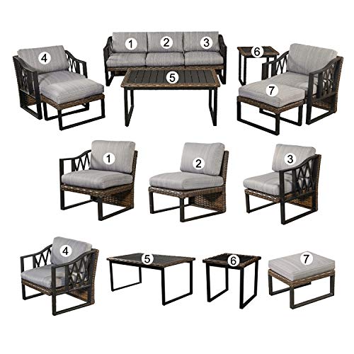 Festival Depot 9pcs Outdoor Furniture Patio Conversation Set Sectional Sofa Chairs All Weather Brown Wicker Ottoman Slatted Coffee Table End Table with Thick Grey Seat Back Cushions, Black