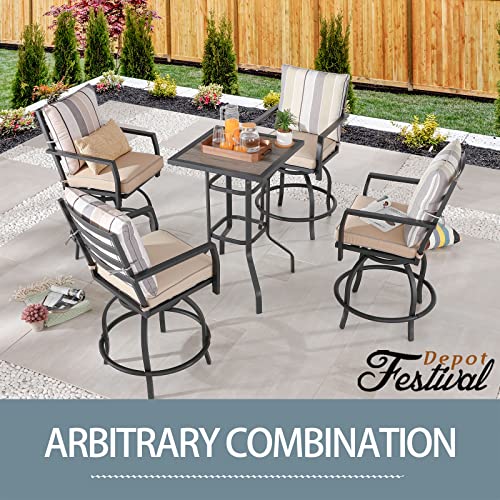 Festival Depot 5pcs Bar Bistro Outdoor Patio Furniture Set High Stool 360° Swivel Armrest Chairs with Comfort Cushion Square DPC Desktop Wood Grain Top Table Metal Steel Frame Leg All-Weather (Beige)