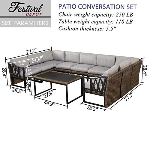 Festival Depot 10Pc Outdoor Furniture Patio Conversation Set Sectional Corner Sofa Chairs All Weather Wicker Metal Frame Slatted Coffee Table with Thick Grey Seat Back Cushions Without Pillows 