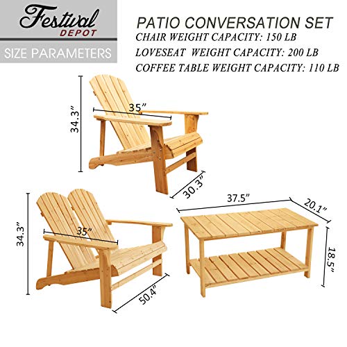 Charming 4 Piece Wooden Adirondack Patio Set with Loveseat and Coffee Table 