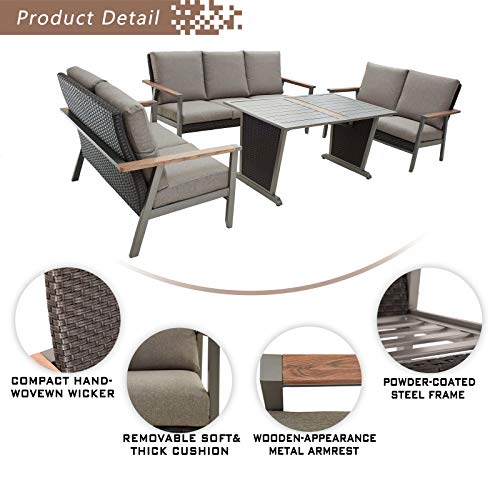 Festival Depot 4 Pieces Patio Conversation Set Metal Loveseats Wicker Back 3-Seater Sofa with Thick Cushions and Coffee Table Outdoor Furniture for Deck Garden (4pc Patio Loveseat Set 2) 