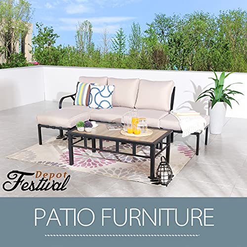 Festival Depot 6 Pcs Patio Conversation Set Sectional Corner Chair with Cushions Ottoman and Coffee Table All Weather Metal Outdoor Furniture for Deck Poolside, Beige 