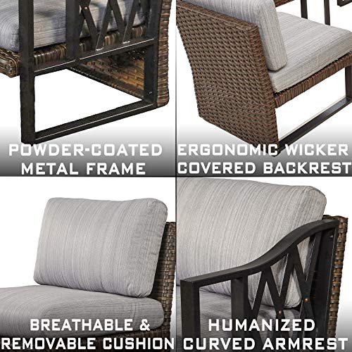 Festival Depot 10Pc Outdoor Furniture Patio Conversation Set Sectional Corner Sofa Chairs All Weather Wicker Ottoman Metal Frame Slatted Coffee Table with Thick Seat Back Cushions (Grey)