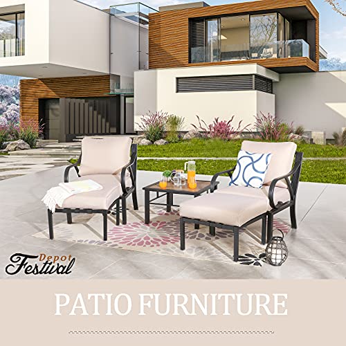 Festival Depot 5pcs Patio Bistro Set Metal Armchairs Ottomans with Cushions and Side Table All Weather Outdoor Furniture for Garden Balcony, Beige 