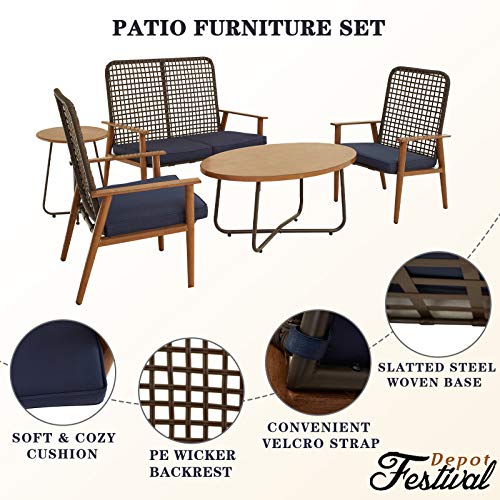 Festival Depot 5 Pieces Patio Outdoor Conversation Set with Metal Side Coffee Table Wooden-Color Steel Chairs Loveseat with Cushions