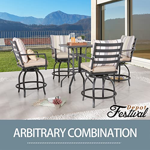 Festival Depot 5pcs Bar Bistro Outdoor Patio Furniture Set High Stool 360° Swivel Armrest Chairs with Comfort Cushion Square DPC Desktop Wood Grain Top Table Metal Steel Frame Leg All-Weather (Beige)