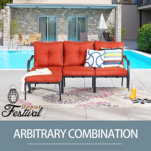 Festival Depot Patio Dining Armless Chair Outdoor Bistro Single Sofa with Removable Thick Cushion Metal Frame All Weather Sectional Conversation Furniture for Backyard Pool Deck Garden (Red)