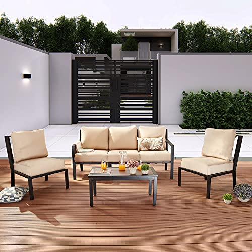 Festival Depot 6 Pieces Patio Furniture Set All-Weather Polyester Fabrics Metal Frame Sofa Outdoor Conversation Set Sectional Armless Chair with Cushion & Coffee Table for Deck Poolside Balcony(Beige) 