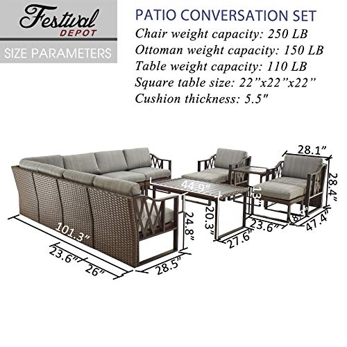 Festival Depot 13Pc Outdoor Furniture Patio Conversation Set Sectional Corner Sofa Chairs All Weather Wicker Ottoman Metal Frame Slatted Coffee Table with Thick Grey Seat Back Cushions Without Pillows