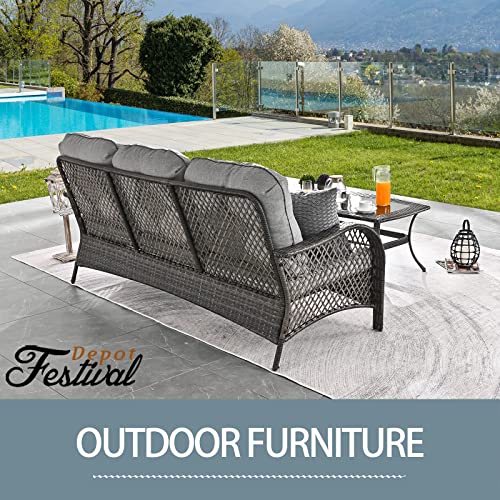 Festival Depot 2 Pieces Patio Bistro Set PE Wicker 3-Seat Sofa Set with Tempered Glass Top Side Table Outdoor Furniture Conversation Set (Brown Wicker, Grey Cushion) 