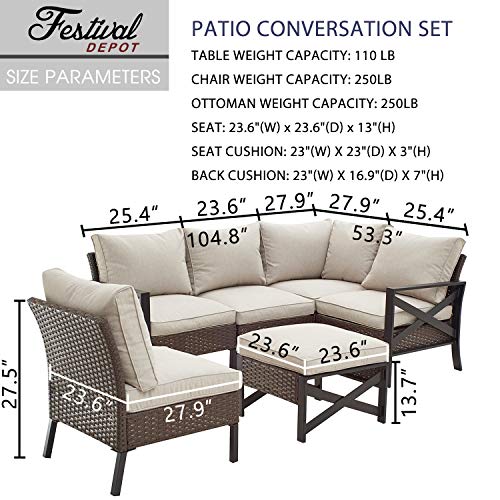 Festival Depot 6 Pieces Patio Conversation Set Outdoor Furniture Sectional Corner Sofa with All-Weather Brown PE Rattan Wicker Back Chair, Ottoman and Thick Soft Removable Couch Cushions 