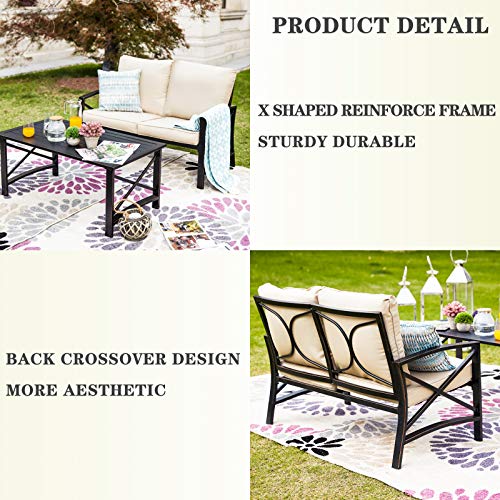 Festival Depot Outdoor Furniture Patio Conversation Set Metal Bistro Table Coffee Table Loveseat Armchairs with Seat and Back Cushions Without Pillows for Lawn Beach Backyard Pool