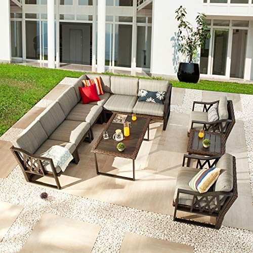 Festival Depot 10Pc Outdoor Furniture Patio Conversation Set Sectional Corner Sofa Chairs All Weather Wicker Ottoman Metal Frame Slatted Coffee Table with Thick Grey Seat Back Cushions Without Pillows