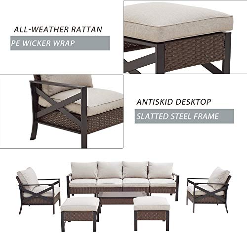 Festival Depot 9 Pcs Patio Outdoor Furniture Conversation Set Sectional Sofa with All-Weather Brown PE Rattan Wicker Back Chair, Ottoman, Coffee Table and Soft Thick Removable Couch Cushions 