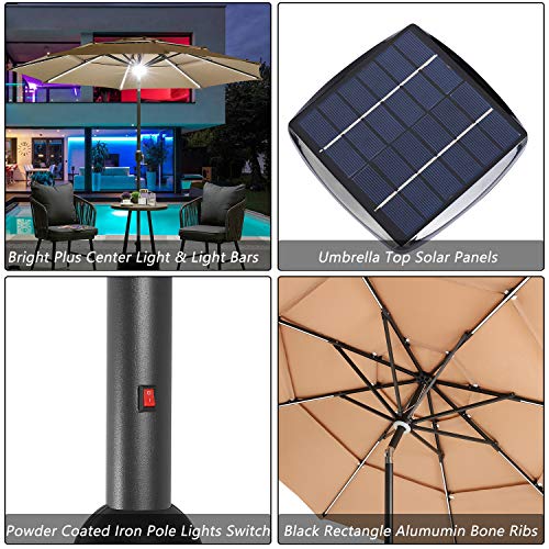 Festival Depot 9.8ft Outdoor Patio 3 Tiers Ventilation Market Aluminum Umbrella Button Tilt Easy Crank Center Light 8 Solar Powered LED Lights Bars All-Weather