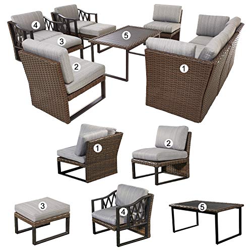 Festival Depot 10Pc Outdoor Furniture Patio Conversation Set Sectional Corner Sofa Chairs All Weather Wicker Ottoman Metal Frame Slatted Coffee Table with Thick Grey Seat Back Cushions Without Pillows 