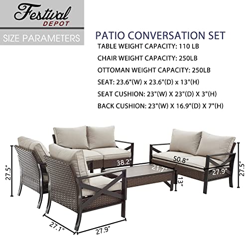 Festival Depot 7 Pcs Patio Outdoor Furniture Loveseat Conversation Set Sectional Sofa with All-Weather Brown Wicker Back Armchair, Coffee Table, Ottoman and Soft Thick Removable Couch Cushions 