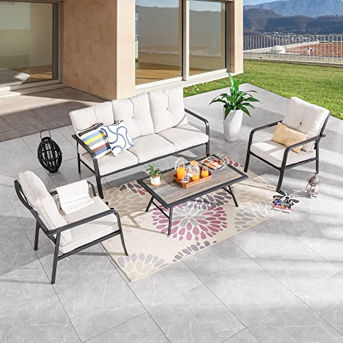 Festival Depot 4 Pcs Patio Bistro Sets Outdoor Arbitrary Combination Conversation Furniture with 1 3-Seats Sofa 2 Dining Armchairs and 1 Coffee Table for Bar Indoor Home Garden Pool Porch (Beige)