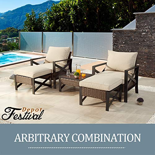 Festival Depot Patio Side Coffee Table Outdoor Bistro Dining Furniture with Wood Grain Tabletop, Wicker Rattan and X Shaped Slatted Steel Legs (Brown)