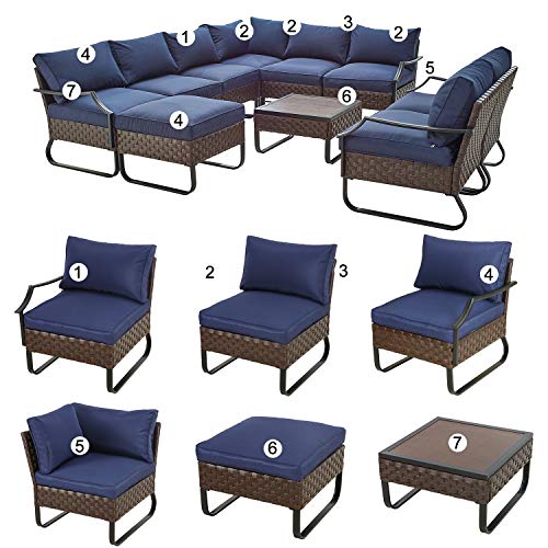 Festival Depot 10 Pieces Patio Conversation Sets Outdoor Furniture Sectional Corner Sofa with All-Weather PE Rattan Wicker Back Chair, Coffee Table Ottoman and Thick Soft Removable Couch Cushion(Blue) 