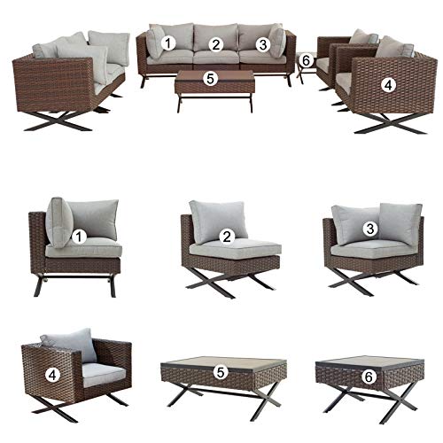 Festival Depot 9 pcs Outdoor Furniture Patio Conversation Set Sectional Corner Sofa Chairs with X Shaped Metal Leg All Weather Brown Rattan Wicker Square Side Coffee Table with Grey Seat Back Cushions 