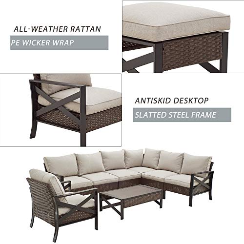 Festival Depot 8 Pcs Patio Outdoor Furniture Conversation Set Sectional Sofa with All-Weather Brown PE Rattan Wicker Back Chair, Coffee Table and Soft Thick Removable Couch Cushions 