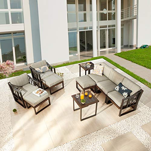 Festival Depot 10Pc Outdoor Furniture Patio Conversation Set Sectional Sofa Chairs All Weather Wicker Ottoman Metal Frame Square Slatted Coffee Table with Thick Grey Seat Back Cushions Without Pillows