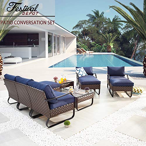 Festival Depot 10 Pcs Patio Conversation Sets Outdoor Furniture Sectional Sofa Loveseat with All-Weather PE Rattan Wicker Chair Coffee Table and Thick Soft Removable Couch Cushions(Blue)