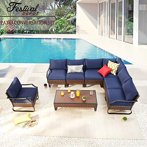 Festival Depot 8 Pcs Patio Conversation Sets Outdoor Furniture Sectional Corner Sofa Loveseat with All-Weather PE Rattan Wicker Chair,Coffee Table and Soft Removable Couch Cushions (Blue) 