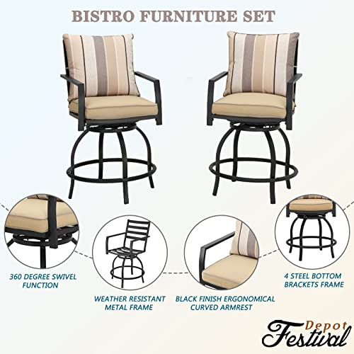 Festival Depot 5pcs Bar Bistro Outdoor Patio Furniture Set High Stool 360° Swivel Armrest Chairs with Comfort Cushion Square DPC Desktop Wood Grain Top Table Metal Steel Frame Leg All-Weather (Beige)