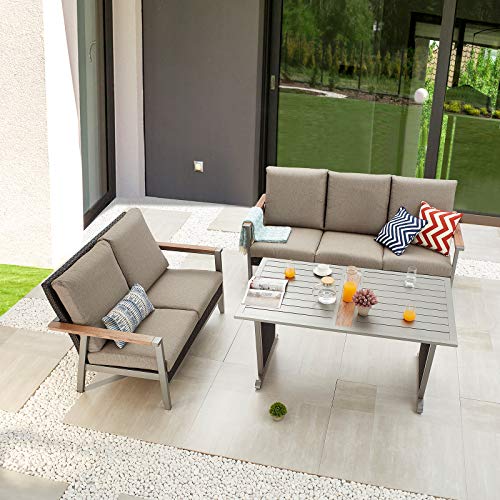 Festival Depot 3pcs Patio Conversation Set Metal Armchair Wicker Loveseat All Weather 3-Seater Rattan Sofa with Thick Cushions Dining Table Outdoor Furniture for Deck Poolside